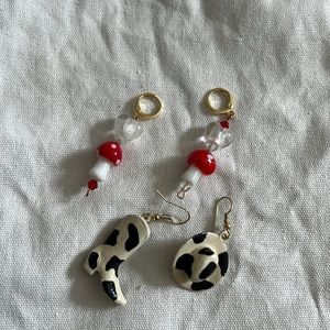 2 sets of earrings! Mushroom and cowboy hat/boot cow print earrings